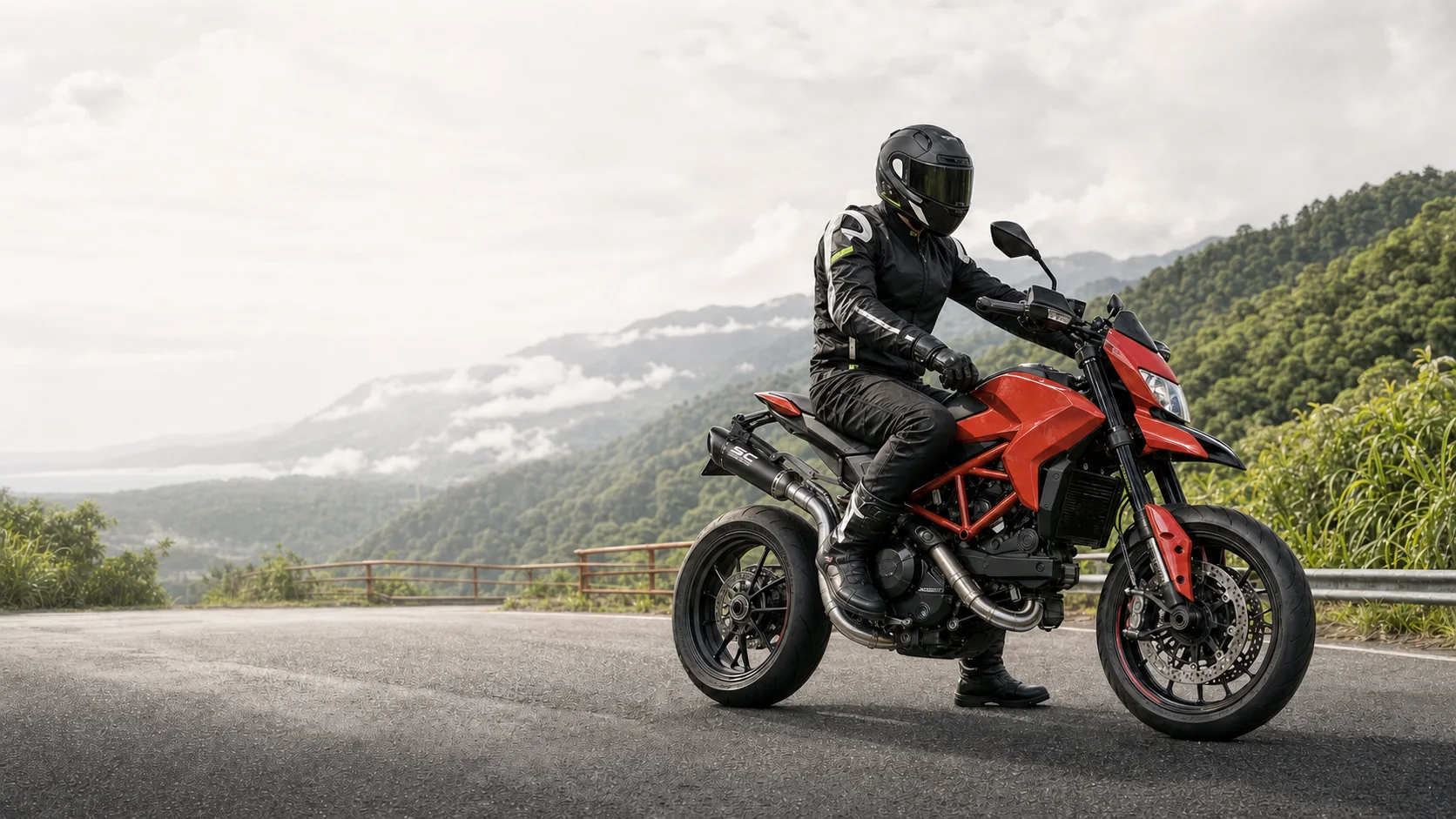 El personaje de MotoMundo sobre una Ducati Hypermotard 939 roja con full system