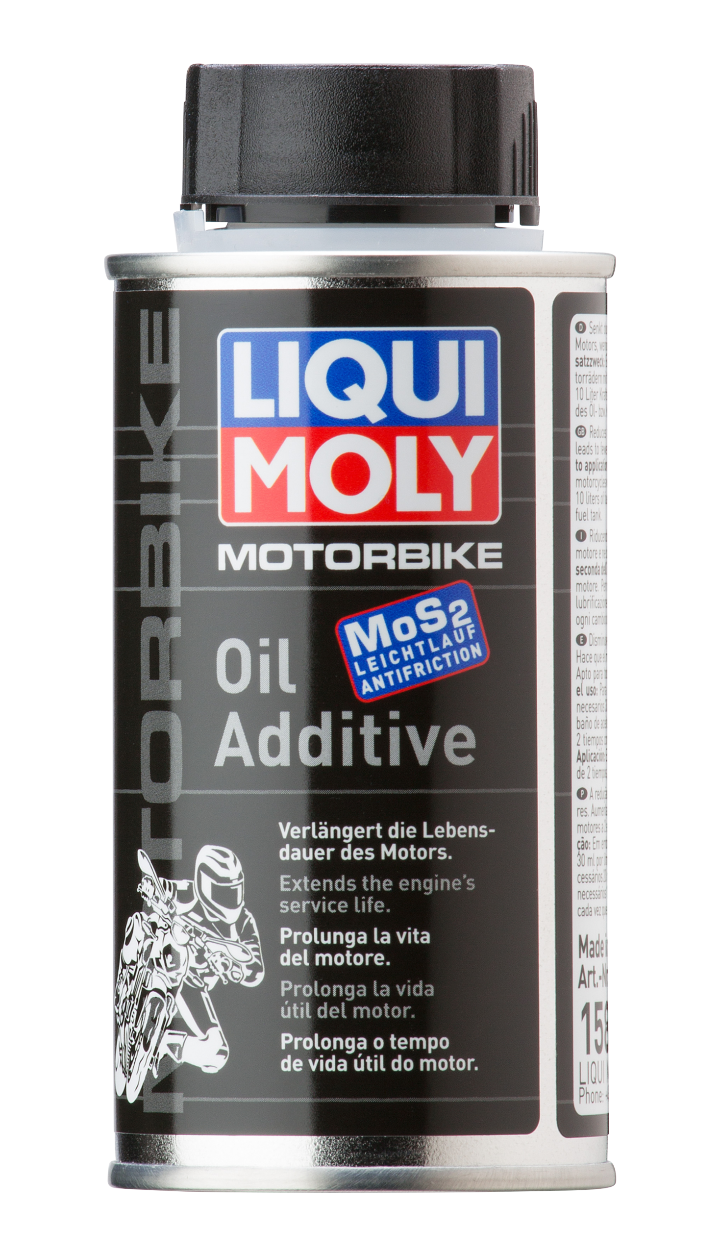 Lata LIQUI MOLY Motorbike Oil Additive con MoS2 de 125 ml sobre fondo blanco