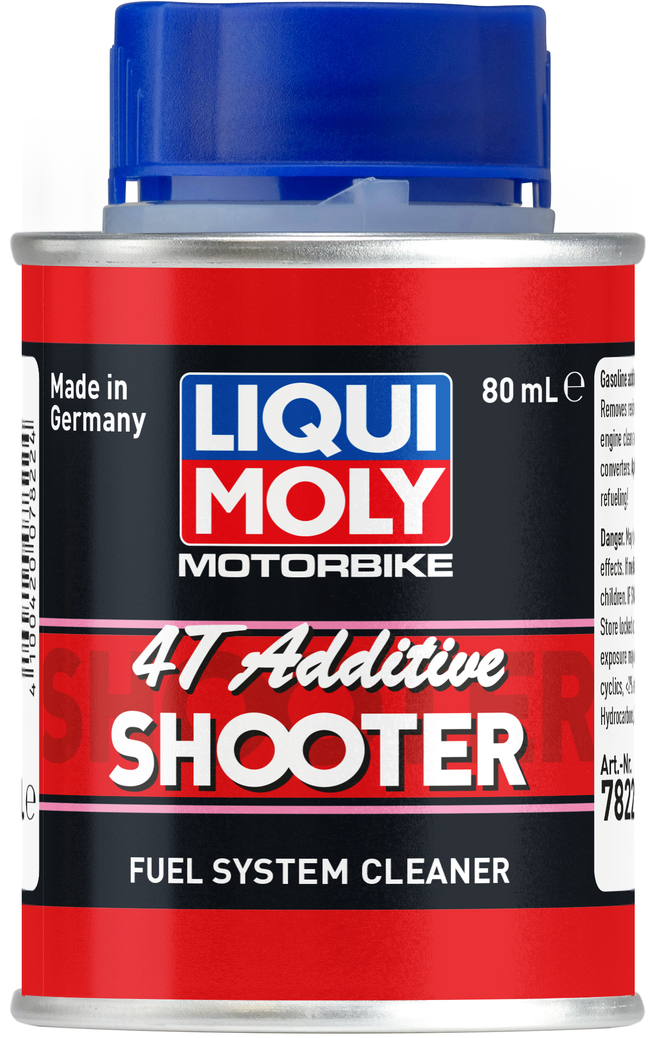 Lata LIQUI MOLY Motorbike 4T Additive Shooter de 80 ml sobre fondo blanco