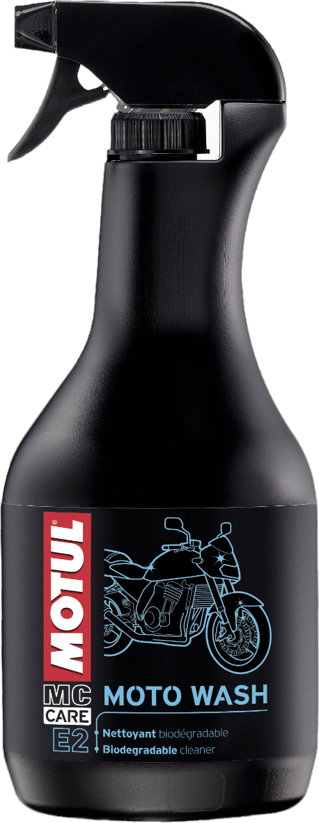 Botella negra Motul MC CARE E2 Moto Wash de 1 litro sobre fondo transparente