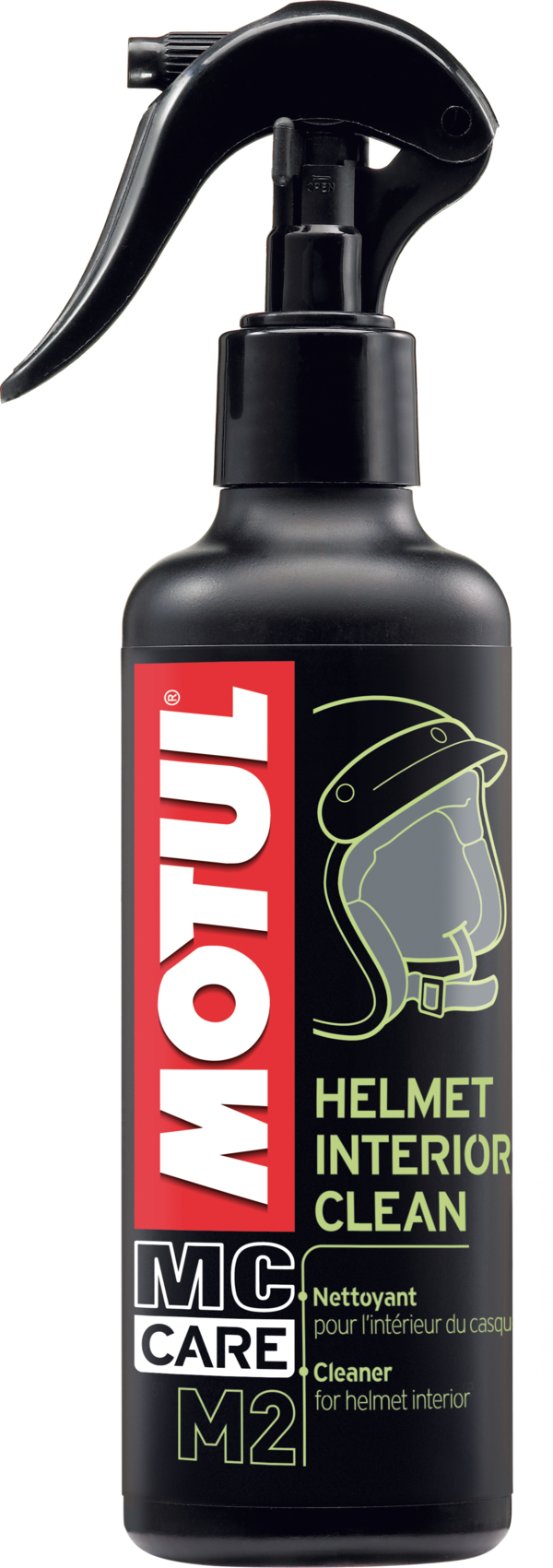 Botella Motul MC CARE M2 Helmet Interior Clean de 250 ml sobre fondo transparente