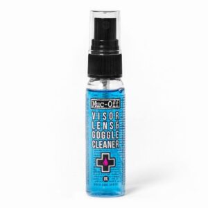 Botella azul Muc-Off Visor Lens & Goggle Cleaner de 32 ml sobre fondo blanco