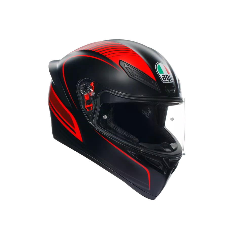 Vista frontal oficial del AGV K1 S Warmup negro mate y rojo