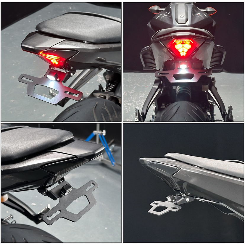 Detalles del fender eliminator para Yamaha MT-07 V4: soporte de placa, luz de placa y montaje bajo el colín