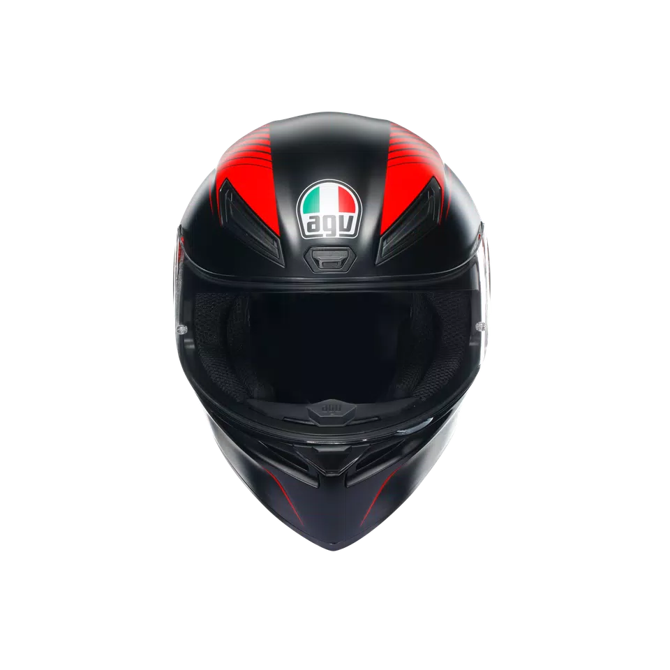 Vista lateral oficial del AGV K1 S Warmup negro mate y rojo