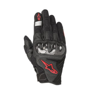 Vista superior oficial de los guantes Alpinestars SMX-1 Air V2 negros y rojo flúor