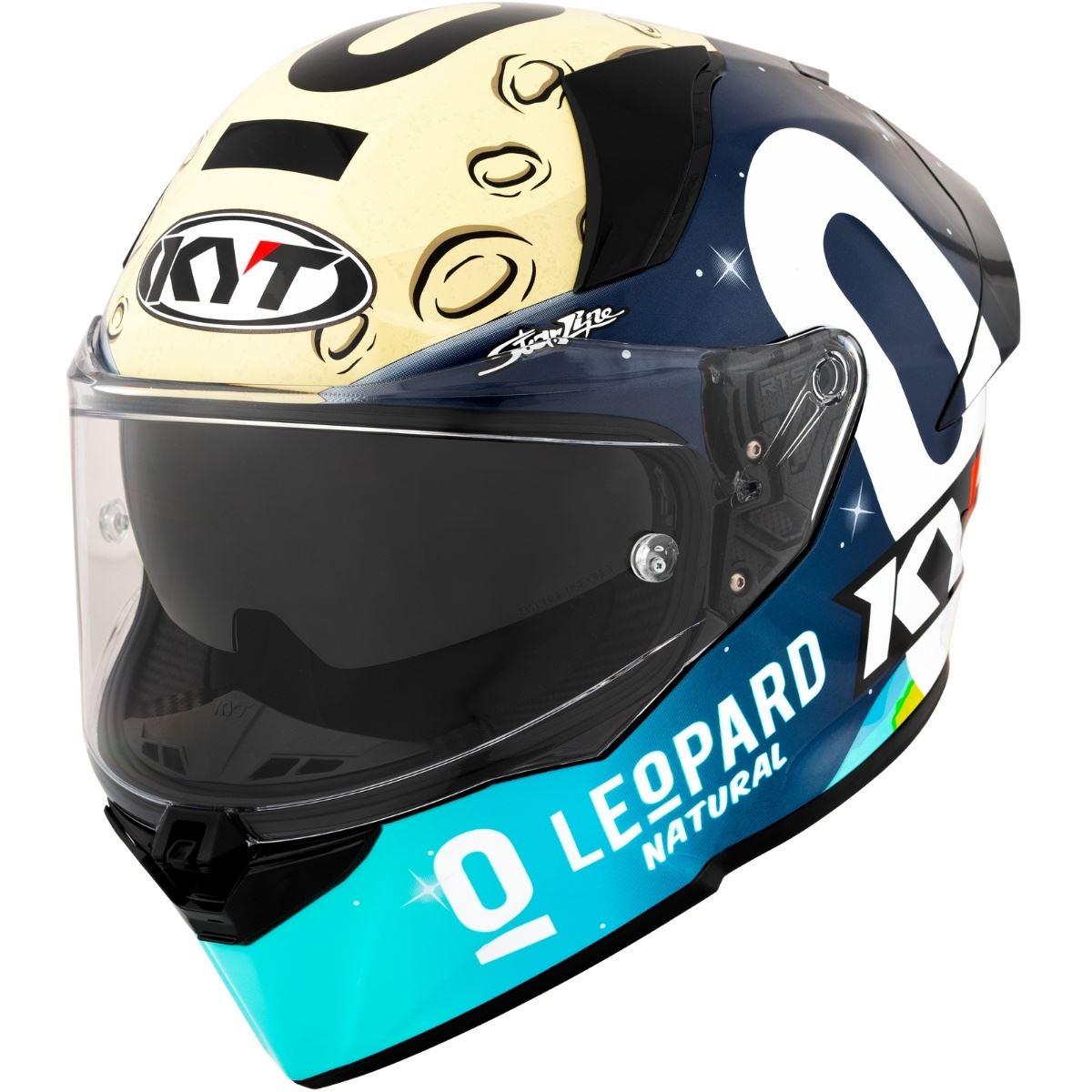 Vista frontal del casco KYT R2R Max Dennis Foggia Mugello 2022 con visor solar interno desplegado