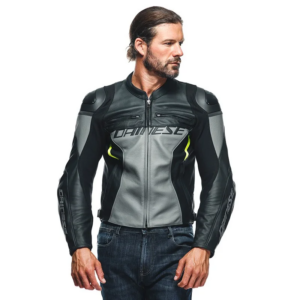 Dainese Racing 4 negra y gris con detalles amarillo flúor, vista frontal