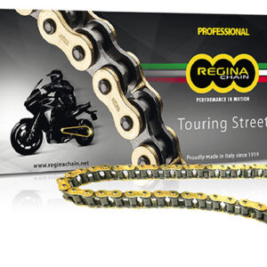 Cadena Regina Touring Street dorada junto a su caja de producto