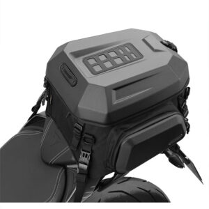 Tail bag rígido Rhinowalk negro montado en la parte trasera de una motocicleta
