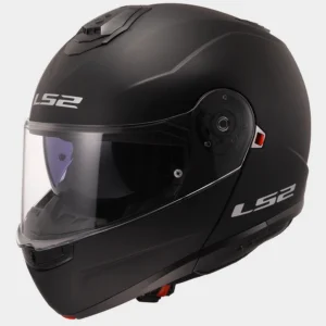 Casco modular LS2 Strobe II negro mate, vista frontal con mentonera cerrada