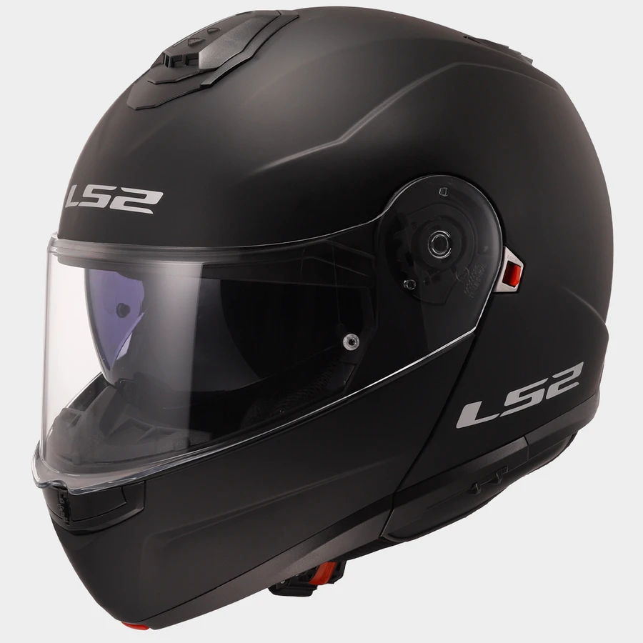 Casco modular LS2 Strobe II negro mate, vista frontal con mentonera cerrada