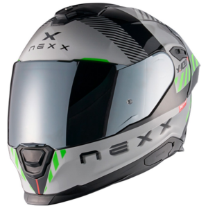Casco integral Nexx Y.100R gráfico gris y negro con detalles verde flúor, vista de tres cuartos