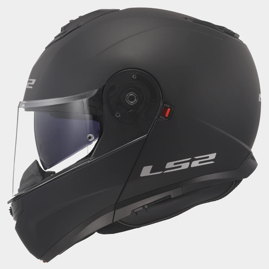 Casco modular LS2 Strobe II negro mate, vista lateral con mentonera elevada