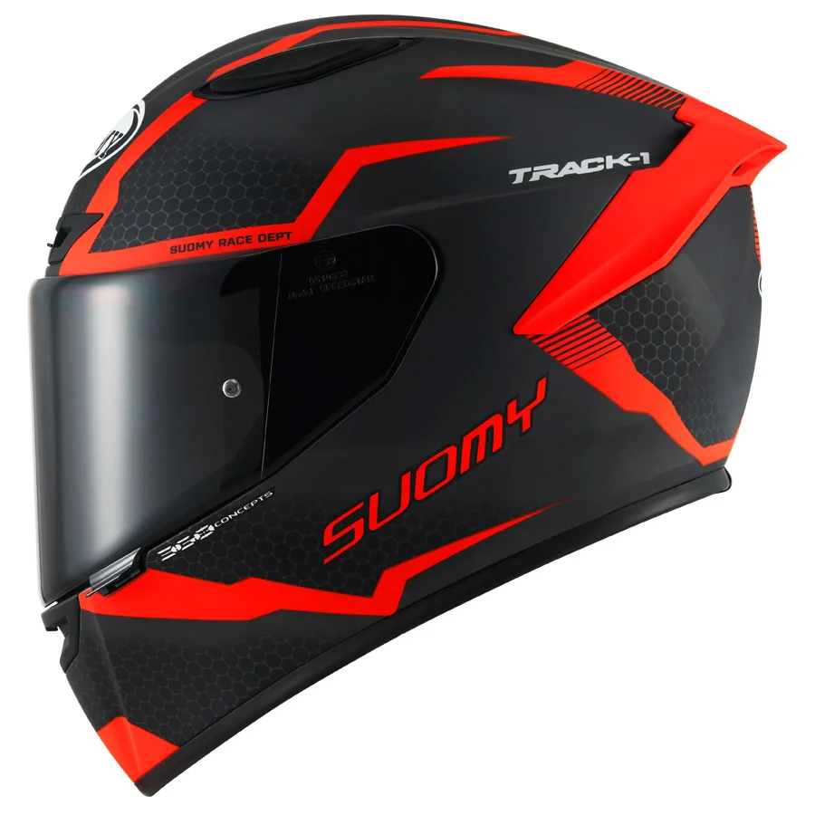 Casco integral Suomy Track-1 negro con gráficos rojos
